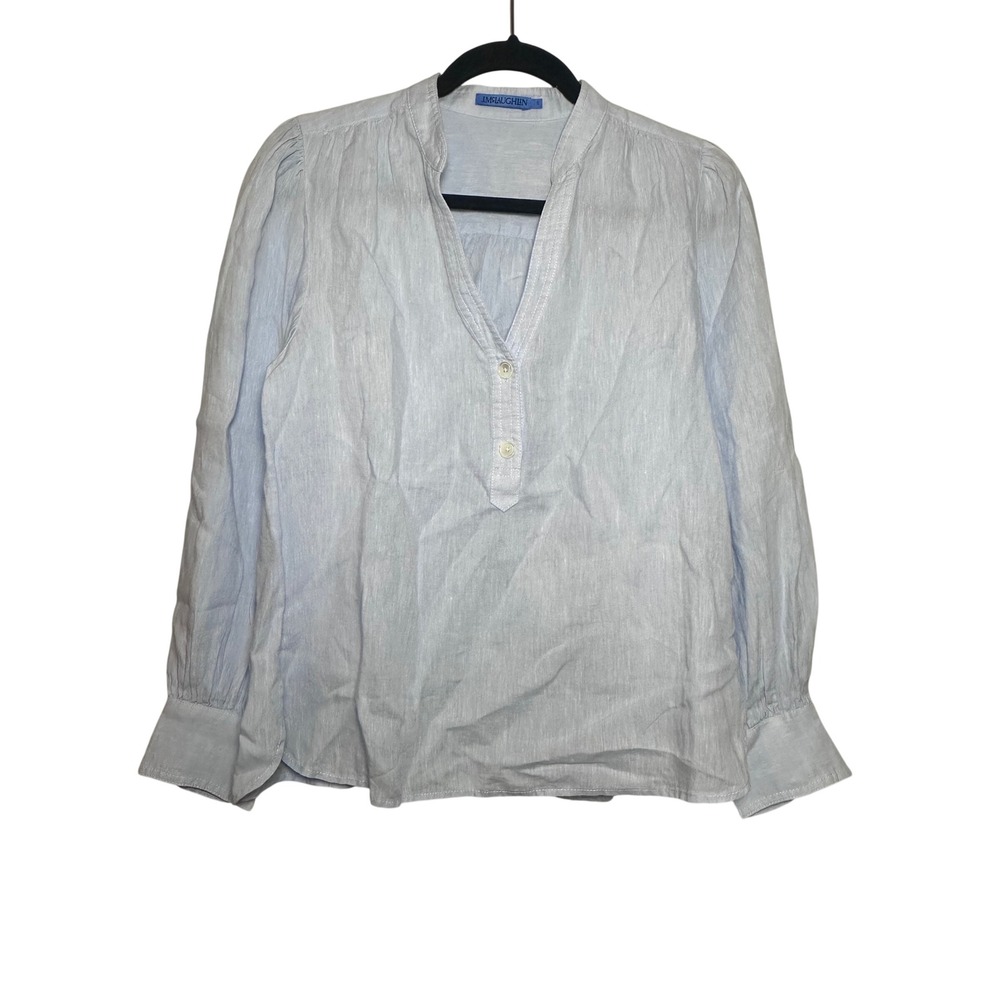 J.McLaughlin Womens Light Blue 100% Linen V-Neck Button Cuff Blouse Small‎